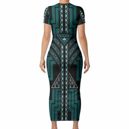 New Zealand Manta Ray Short Sleeve Bodycon Dress Maori Tukutuku Taniko Motifs Teal