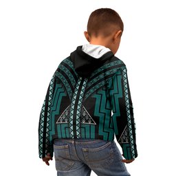 New Zealand Manta Ray Kid Hoodie Maori Tukutuku Taniko Motifs Teal