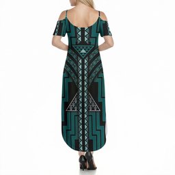 New Zealand Manta Ray Summer Maxi Dress Maori Tukutuku Taniko Motifs Teal