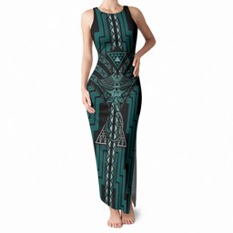 New Zealand Manta Ray Tank Maxi Dress Maori Tukutuku Taniko Motifs Teal