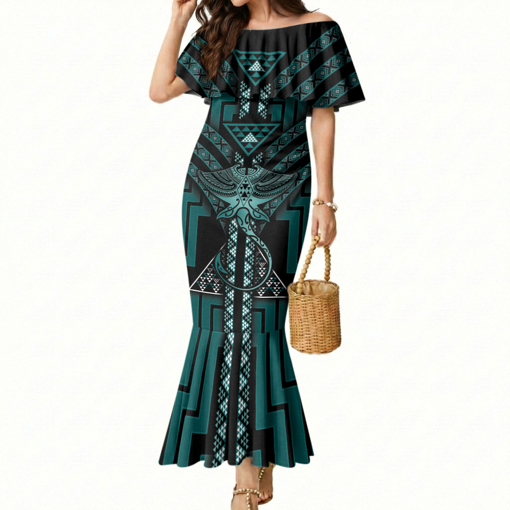 New Zealand Manta Ray Mermaid Dress Maori Tukutuku Taniko Motifs Teal