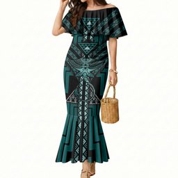 New Zealand Manta Ray Mermaid Dress Maori Tukutuku Taniko Motifs Teal