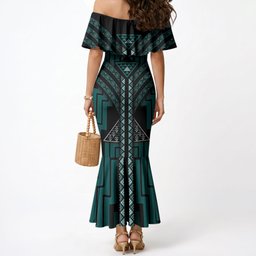 New Zealand Manta Ray Mermaid Dress Maori Tukutuku Taniko Motifs Teal