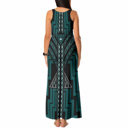 New Zealand Manta Ray Tank Maxi Dress Maori Tukutuku Taniko Motifs Teal