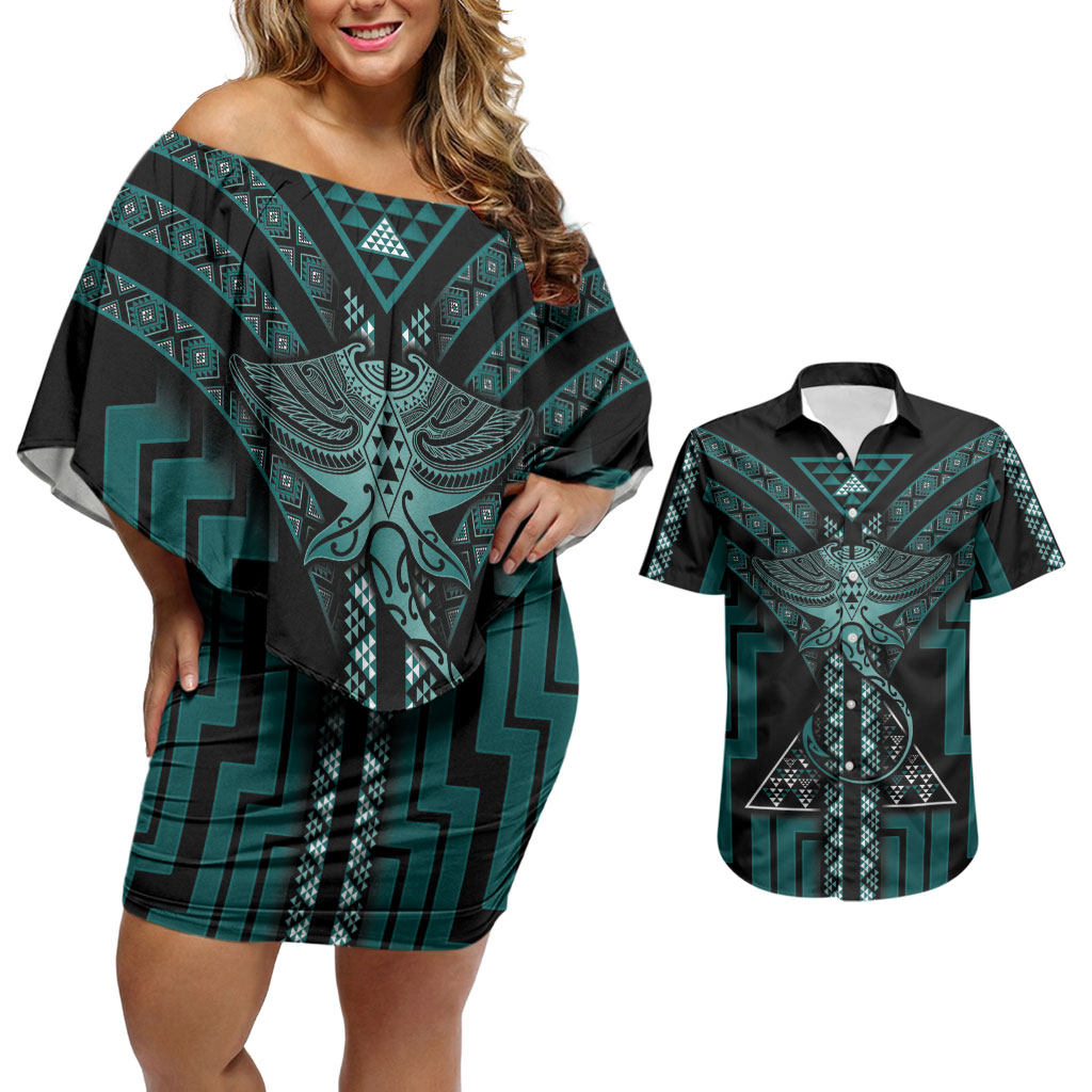 New Zealand Manta Ray Couples Matching Off Shoulder Short Dress and Hawaiian Shirt Maori Tukutuku Taniko Motifs Teal