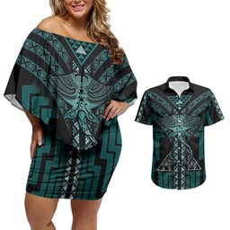 New Zealand Manta Ray Couples Matching Off Shoulder Short Dress and Hawaiian Shirt Maori Tukutuku Taniko Motifs Teal