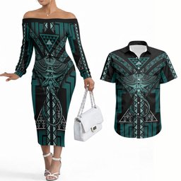 New Zealand Manta Ray Couples Matching Off The Shoulder Long Sleeve Dress and Hawaiian Shirt Maori Tukutuku Taniko Motifs Teal