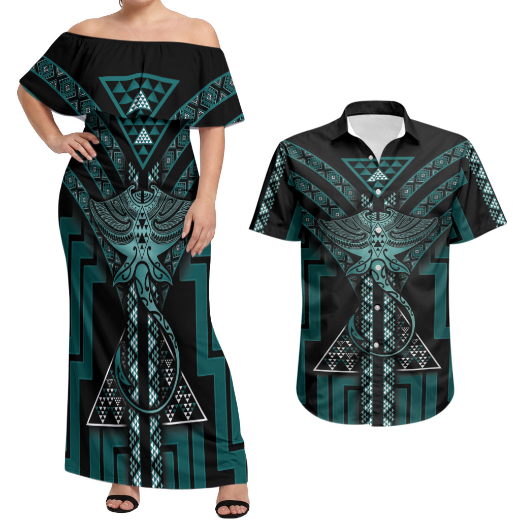 New Zealand Manta Ray Couples Matching Off Shoulder Maxi Dress and Hawaiian Shirt Maori Tukutuku Taniko Motifs Teal