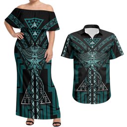New Zealand Manta Ray Couples Matching Off Shoulder Maxi Dress and Hawaiian Shirt Maori Tukutuku Taniko Motifs Teal