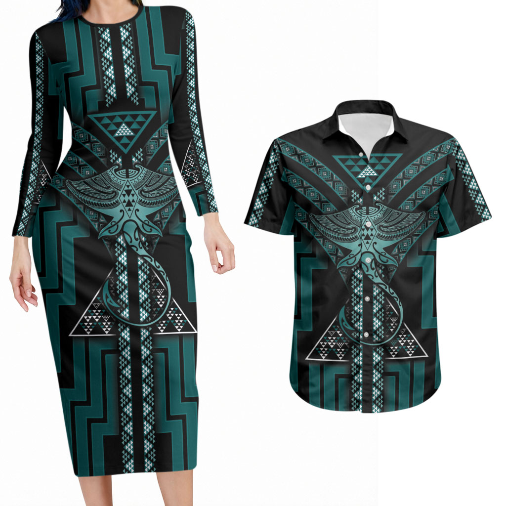New Zealand Manta Ray Couples Matching Long Sleeve Bodycon Dress and Hawaiian Shirt Maori Tukutuku Taniko Motifs Teal