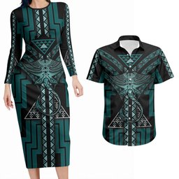 New Zealand Manta Ray Couples Matching Long Sleeve Bodycon Dress and Hawaiian Shirt Maori Tukutuku Taniko Motifs Teal