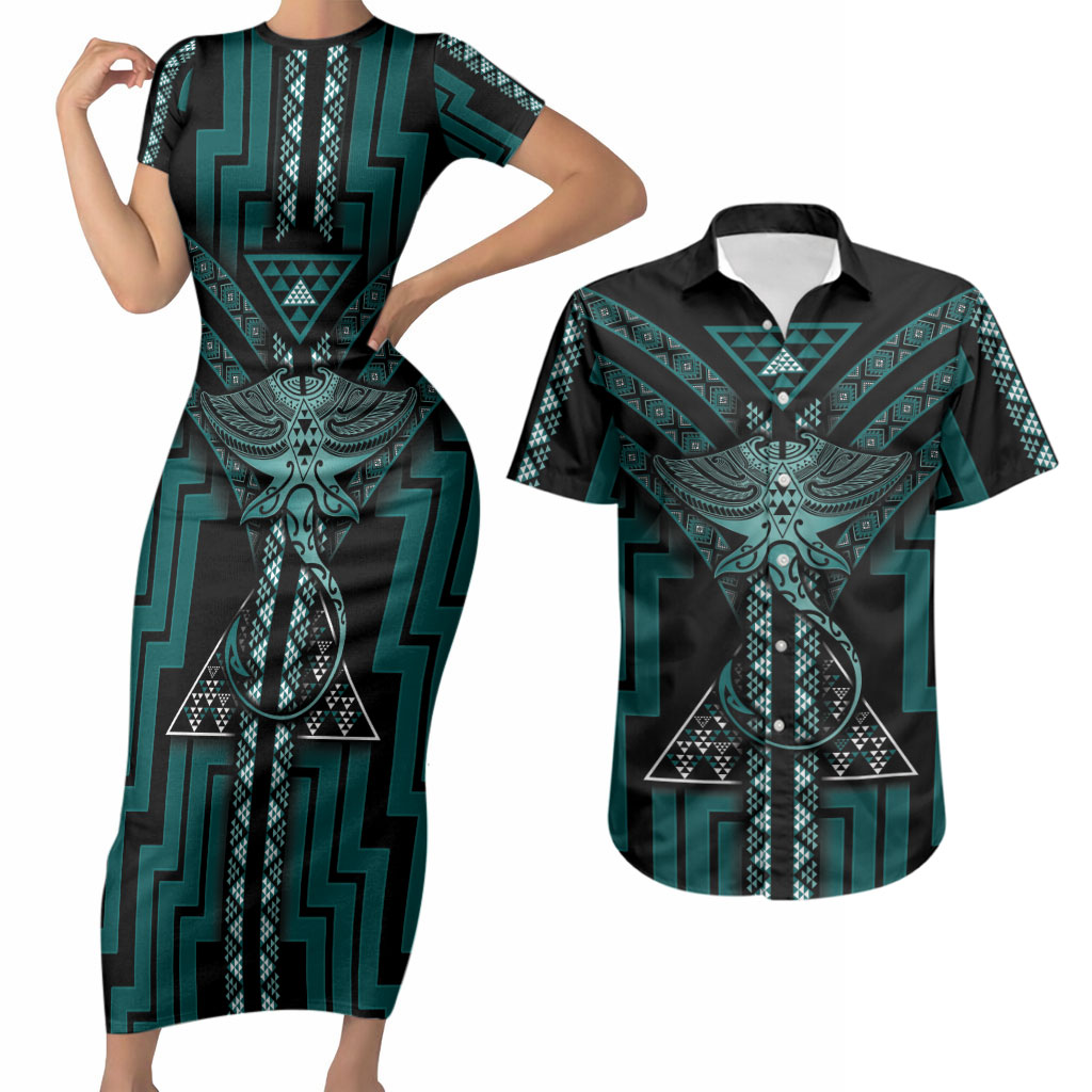 New Zealand Manta Ray Couples Matching Short Sleeve Bodycon Dress and Hawaiian Shirt Maori Tukutuku Taniko Motifs Teal