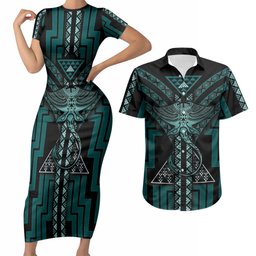 New Zealand Manta Ray Couples Matching Short Sleeve Bodycon Dress and Hawaiian Shirt Maori Tukutuku Taniko Motifs Teal