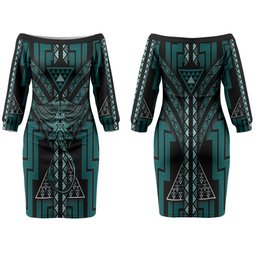 New Zealand Manta Ray Couples Matching Off The Shoulder Long Sleeve Dress and Hawaiian Shirt Maori Tukutuku Taniko Motifs Teal