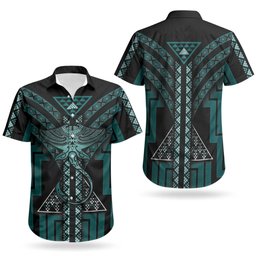 New Zealand Manta Ray Couples Matching Short Sleeve Bodycon Dress and Hawaiian Shirt Maori Tukutuku Taniko Motifs Teal