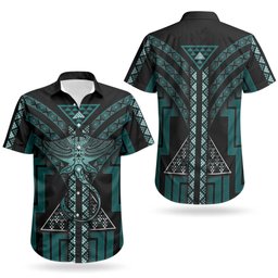 New Zealand Manta Ray Couples Matching Long Sleeve Bodycon Dress and Hawaiian Shirt Maori Tukutuku Taniko Motifs Teal