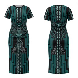 New Zealand Manta Ray Couples Matching Short Sleeve Bodycon Dress and Hawaiian Shirt Maori Tukutuku Taniko Motifs Teal