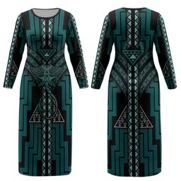 New Zealand Manta Ray Couples Matching Long Sleeve Bodycon Dress and Hawaiian Shirt Maori Tukutuku Taniko Motifs Teal