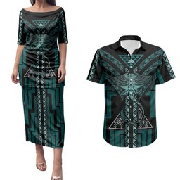 New Zealand Manta Ray Couples Matching Puletasi and Hawaiian Shirt Maori Tukutuku Taniko Motifs Teal