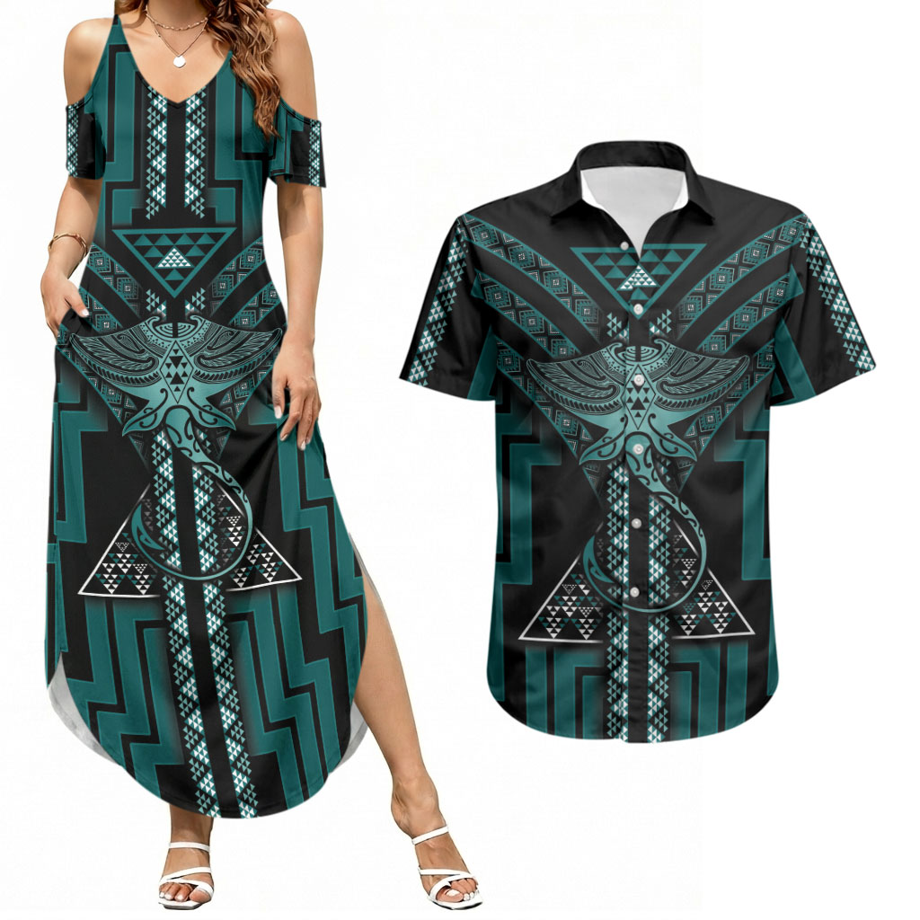 New Zealand Manta Ray Couples Matching Summer Maxi Dress and Hawaiian Shirt Maori Tukutuku Taniko Motifs Teal