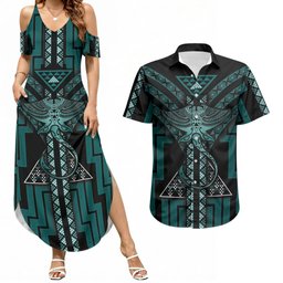 New Zealand Manta Ray Couples Matching Summer Maxi Dress and Hawaiian Shirt Maori Tukutuku Taniko Motifs Teal