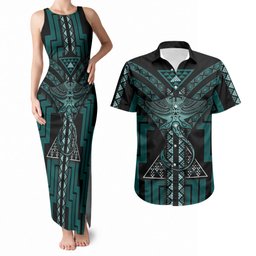 New Zealand Manta Ray Couples Matching Tank Maxi Dress and Hawaiian Shirt Maori Tukutuku Taniko Motifs Teal