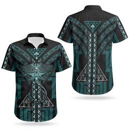 New Zealand Manta Ray Couples Matching Puletasi and Hawaiian Shirt Maori Tukutuku Taniko Motifs Teal