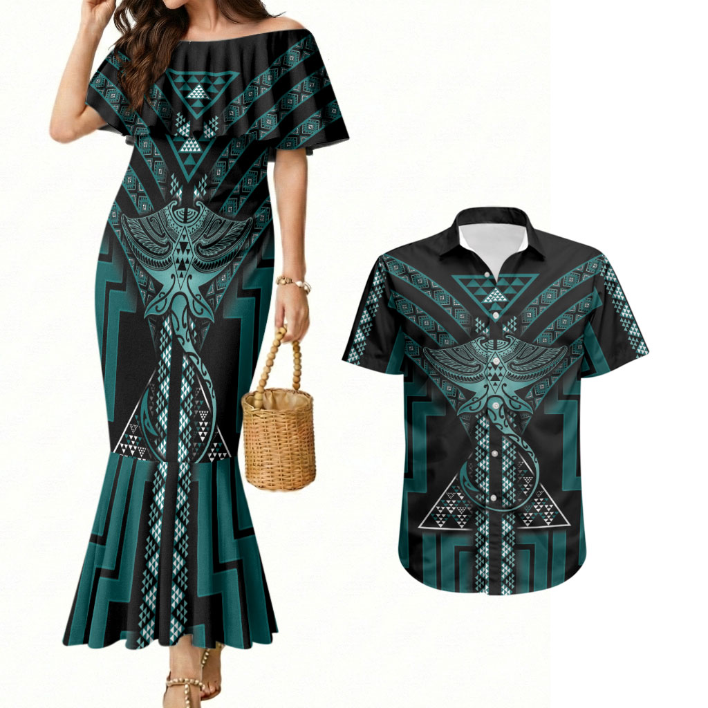 New Zealand Manta Ray Couples Matching Mermaid Dress and Hawaiian Shirt Maori Tukutuku Taniko Motifs Teal