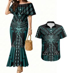 New Zealand Manta Ray Couples Matching Mermaid Dress and Hawaiian Shirt Maori Tukutuku Taniko Motifs Teal
