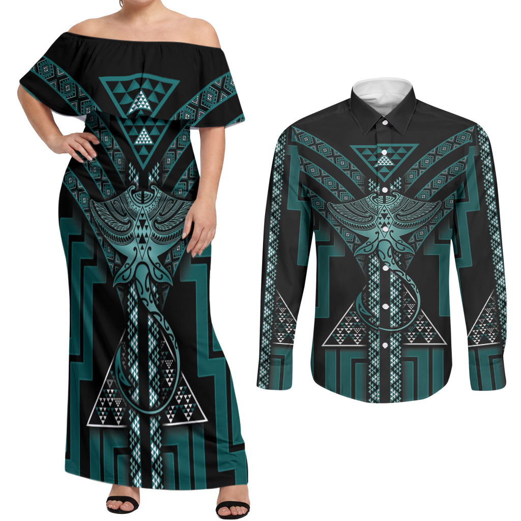 New Zealand Manta Ray Couples Matching Off Shoulder Maxi Dress and Long Sleeve Button Shirt Maori Tukutuku Taniko Motifs Teal