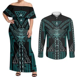 New Zealand Manta Ray Couples Matching Off Shoulder Maxi Dress and Long Sleeve Button Shirt Maori Tukutuku Taniko Motifs Teal