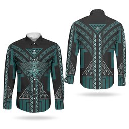 New Zealand Manta Ray Couples Matching Off Shoulder Maxi Dress and Long Sleeve Button Shirt Maori Tukutuku Taniko Motifs Teal
