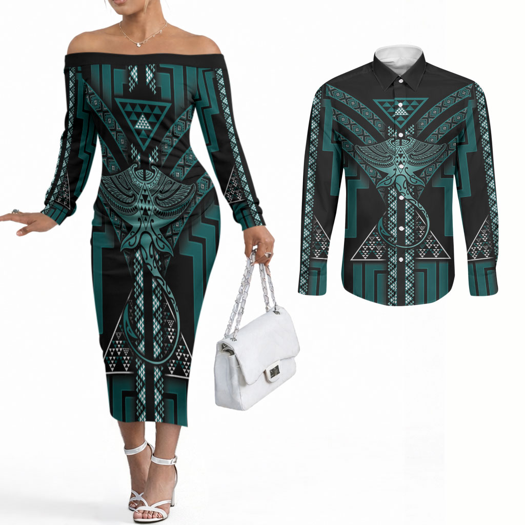 New Zealand Manta Ray Couples Matching Off The Shoulder Long Sleeve Dress and Long Sleeve Button Shirt Maori Tukutuku Taniko Motifs Teal