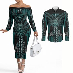 New Zealand Manta Ray Couples Matching Off The Shoulder Long Sleeve Dress and Long Sleeve Button Shirt Maori Tukutuku Taniko Motifs Teal