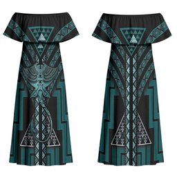 New Zealand Manta Ray Couples Matching Off Shoulder Maxi Dress and Long Sleeve Button Shirt Maori Tukutuku Taniko Motifs Teal