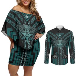 New Zealand Manta Ray Couples Matching Off Shoulder Short Dress and Long Sleeve Button Shirt Maori Tukutuku Taniko Motifs Teal