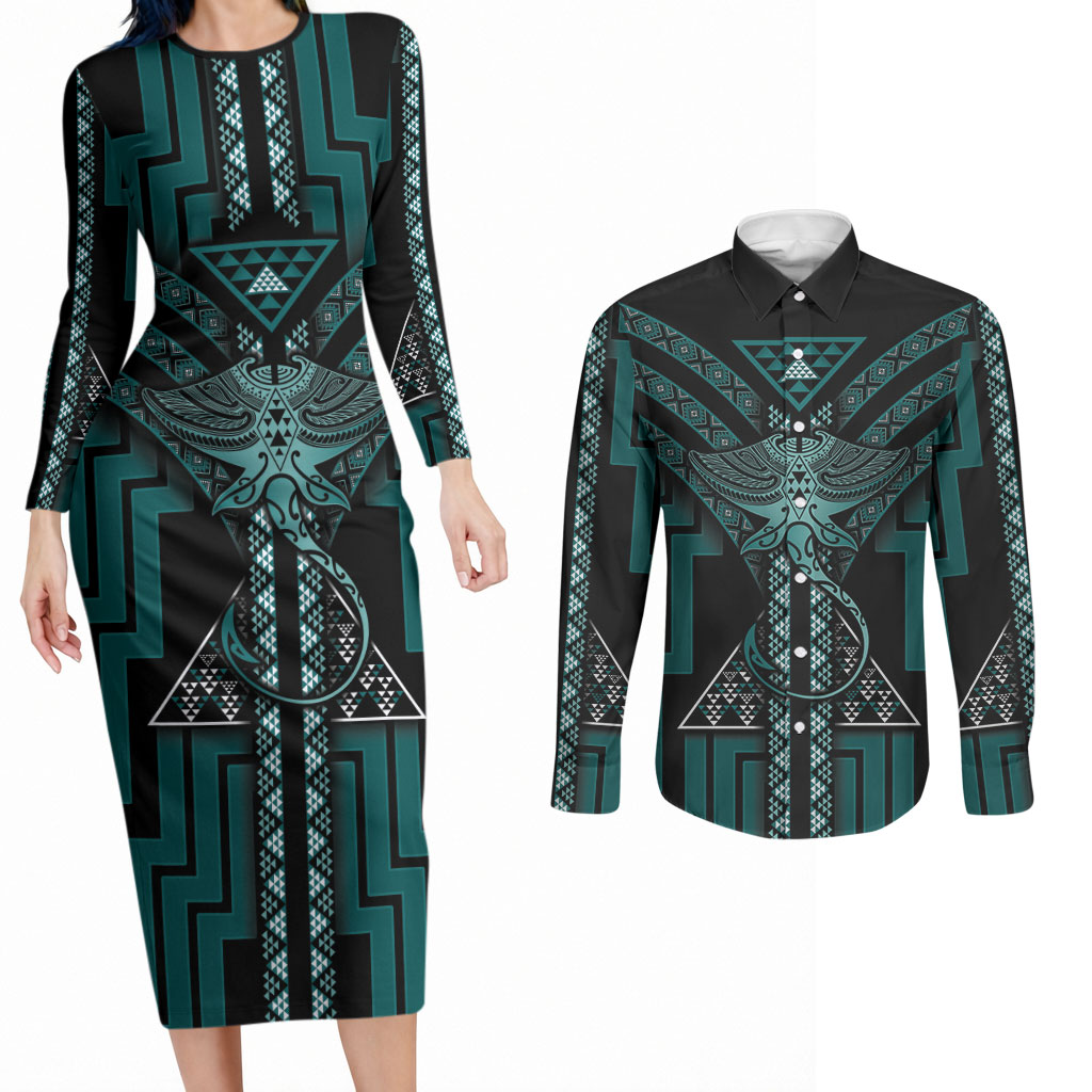 New Zealand Manta Ray Couples Matching Long Sleeve Bodycon Dress and Long Sleeve Button Shirt Maori Tukutuku Taniko Motifs Teal