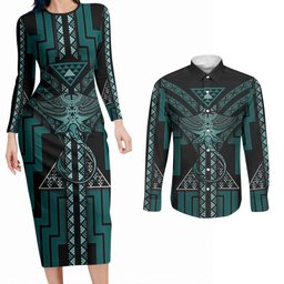 New Zealand Manta Ray Couples Matching Long Sleeve Bodycon Dress and Long Sleeve Button Shirt Maori Tukutuku Taniko Motifs Teal
