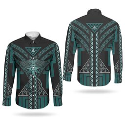 New Zealand Manta Ray Couples Matching Off Shoulder Short Dress and Long Sleeve Button Shirt Maori Tukutuku Taniko Motifs Teal