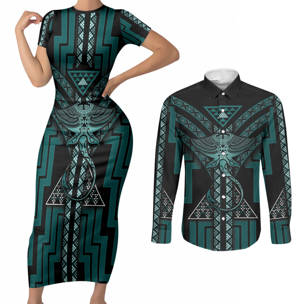 New Zealand Manta Ray Couples Matching Short Sleeve Bodycon Dress and Long Sleeve Button Shirt Maori Tukutuku Taniko Motifs Teal