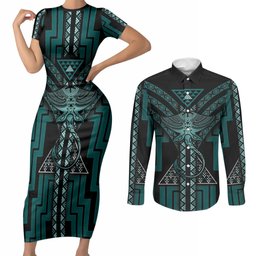 New Zealand Manta Ray Couples Matching Short Sleeve Bodycon Dress and Long Sleeve Button Shirt Maori Tukutuku Taniko Motifs Teal