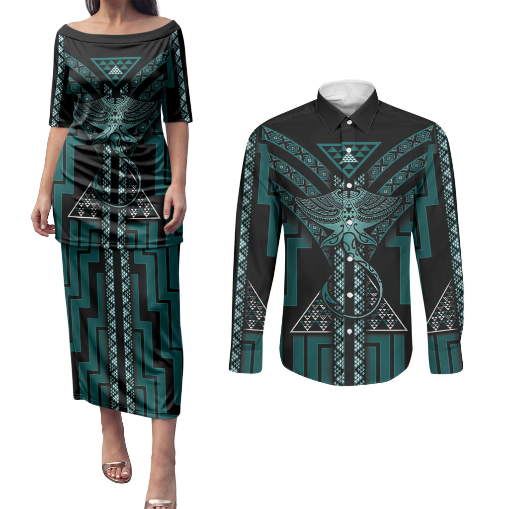 New Zealand Manta Ray Couples Matching Puletasi and Long Sleeve Button Shirt Maori Tukutuku Taniko Motifs Teal