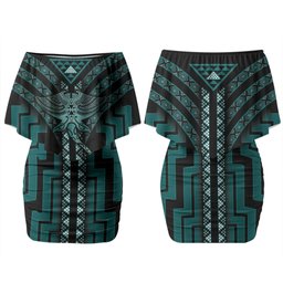 New Zealand Manta Ray Couples Matching Off Shoulder Short Dress and Long Sleeve Button Shirt Maori Tukutuku Taniko Motifs Teal