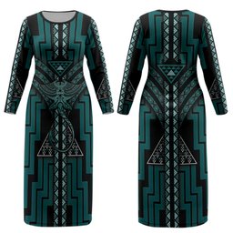 New Zealand Manta Ray Couples Matching Long Sleeve Bodycon Dress and Long Sleeve Button Shirt Maori Tukutuku Taniko Motifs Teal
