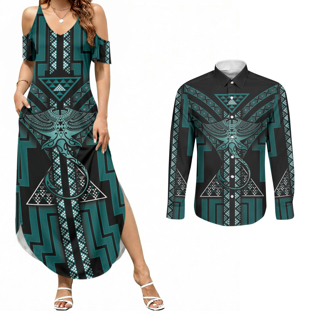 New Zealand Manta Ray Couples Matching Summer Maxi Dress and Long Sleeve Button Shirt Maori Tukutuku Taniko Motifs Teal
