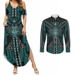 New Zealand Manta Ray Couples Matching Summer Maxi Dress and Long Sleeve Button Shirt Maori Tukutuku Taniko Motifs Teal