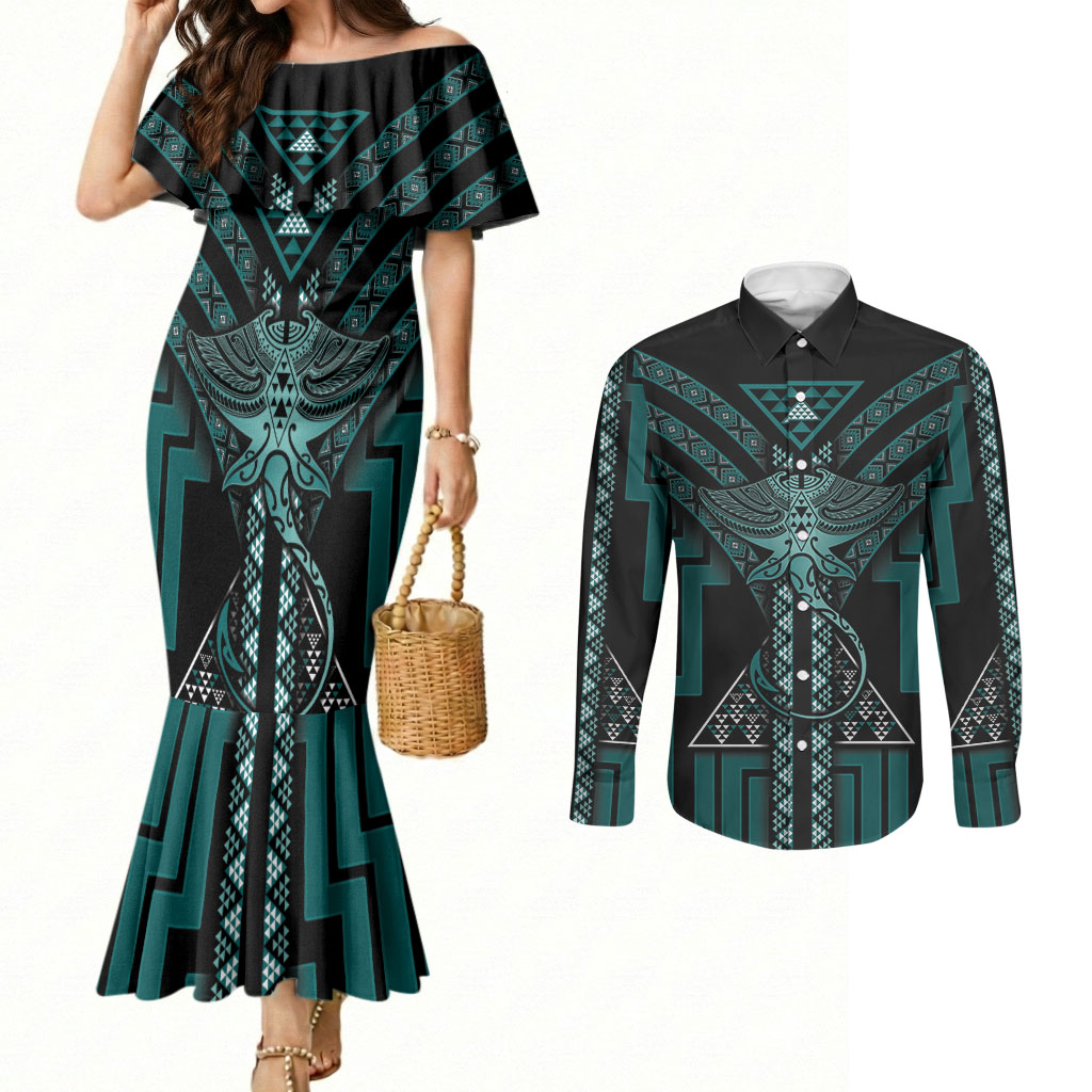 New Zealand Manta Ray Couples Matching Mermaid Dress and Long Sleeve Button Shirt Maori Tukutuku Taniko Motifs Teal