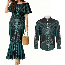 New Zealand Manta Ray Couples Matching Mermaid Dress and Long Sleeve Button Shirt Maori Tukutuku Taniko Motifs Teal