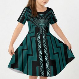 New Zealand Manta Ray Kid Short Sleeve Dress Maori Tukutuku Taniko Motifs Teal