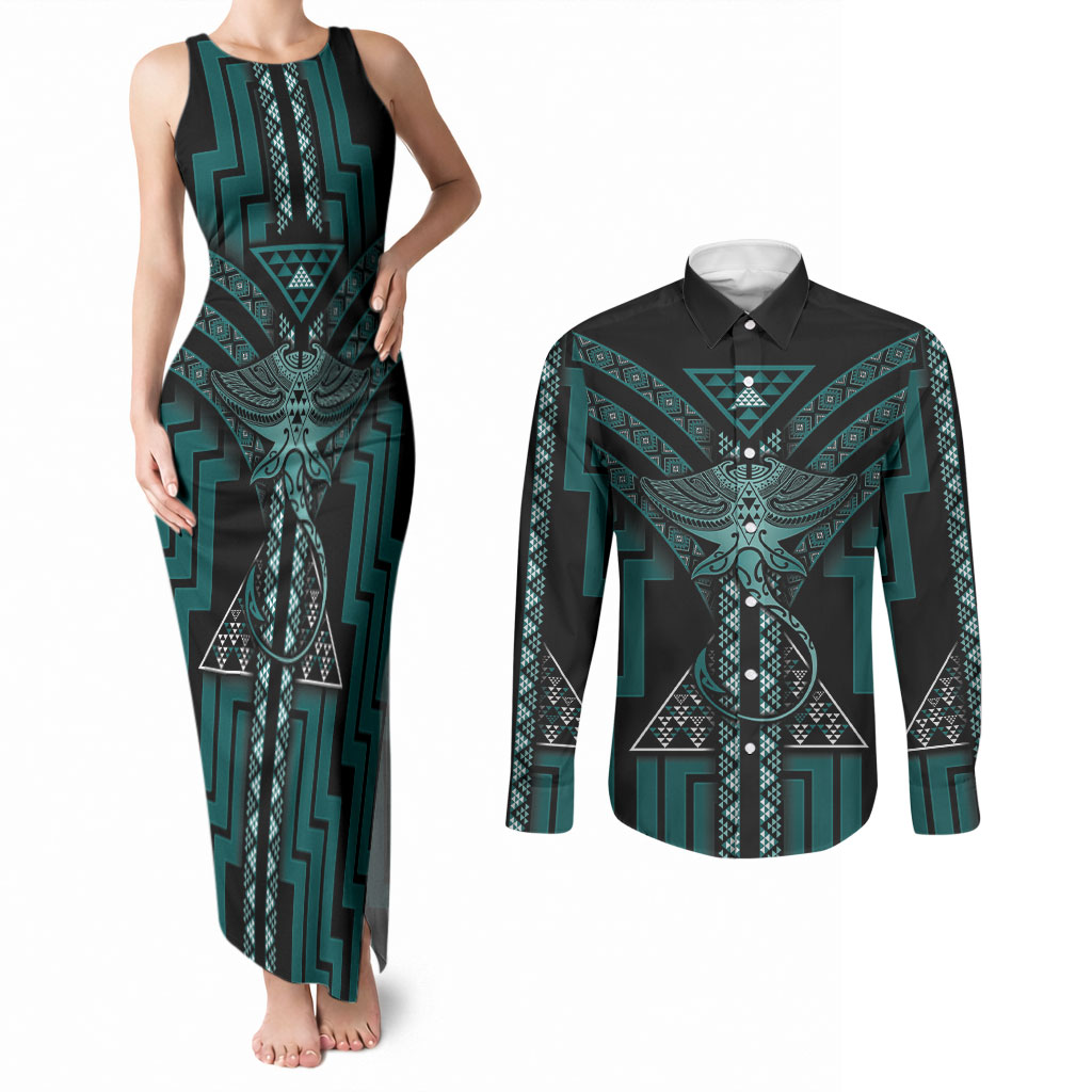 New Zealand Manta Ray Couples Matching Tank Maxi Dress and Long Sleeve Button Shirt Maori Tukutuku Taniko Motifs Teal
